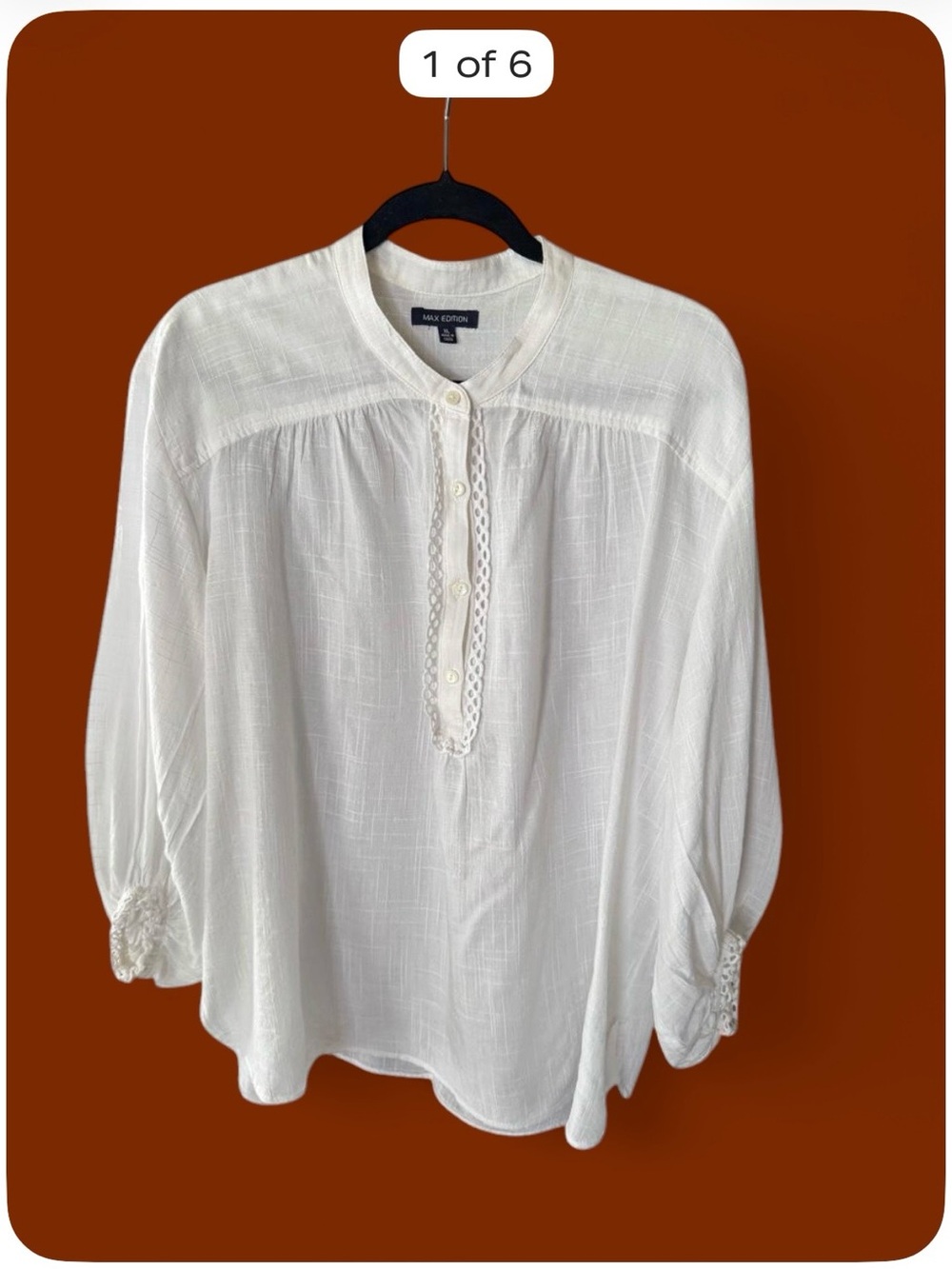 Max Edition Women’s XL Cream Blouse Lace Trim Boho Peasant Top Cotton Rayon